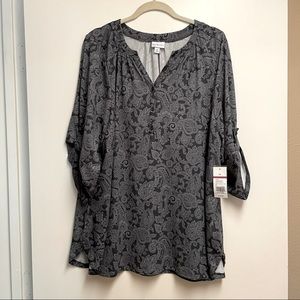 Gray and black paisley tunic blouse with button up bell sleeves, 2X, NWT